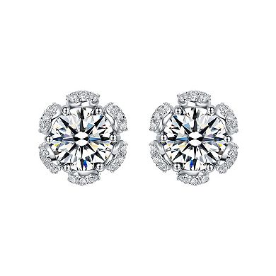 Sterling Silver Cubic Zirconia Flower Halo Stud Earrings