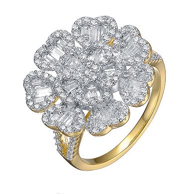 14k Gold Over Silver Cubic Zirconia & Diamond Accent Cluster Heart Petal Flower Ring