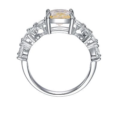 Silver Tone Canary Yellow & White Cubic Zirconia & Diamond Accent Radiant Leaf Trellis Cluster Engagement Ring