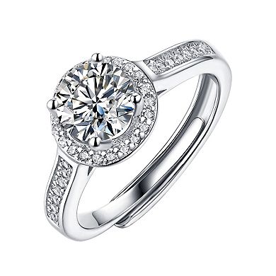 Stella Valentino Sterling Silver Lab-Created Moissanite Halo Pave Engagement Ring