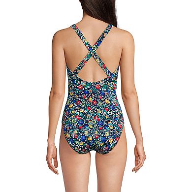 Petite Lands' End Floral Chlorine Resistant X-Back High Leg Soft Cup Tugless One Piece Swimsuit
