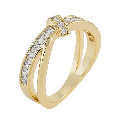 City Luxe Gold Tone Square & Round CZ Crossband Ring
