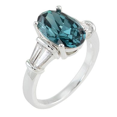City Luxe Silver Tone Blue Oval Crystal with CZ Baguette Side Stones Ring