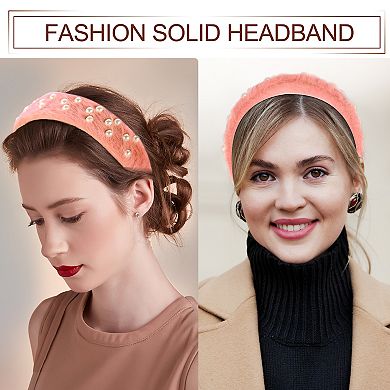 Fluffy Fuzzy Headband Solid Color Hair Band Faux Pearl Hair Bands