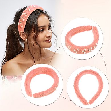 Fluffy Fuzzy Headband Solid Color Hair Band Faux Pearl Hair Bands