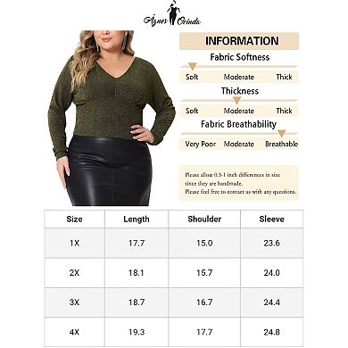 Plus Size Top For Women Metallic V Neck Long Sleeve T-shirt Glitter Party Blouses Tee Tops