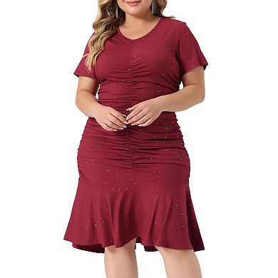 Plus Size Dress For Women Round Neck Short Sleeve Glitter Ruched Dresses
