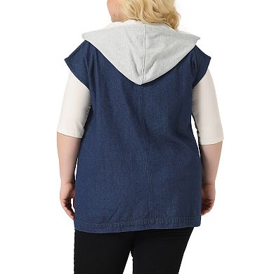 Plus Size Denim Jackets For Women Drawstring Hood Utility Long Jean Jacket Vests