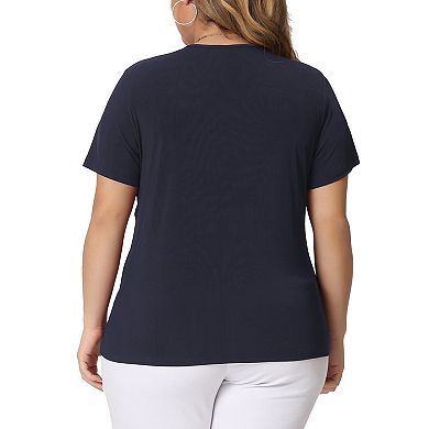 Plus Size Top For Women Ribbed Knit Cutout Twist Knot Neckline Short Sleeve Tee Shirt