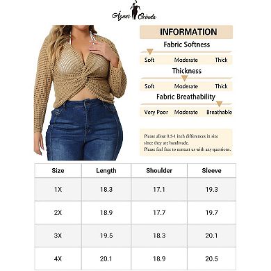 Plus Size Knitwear For Women V Neck Ruched Cross Front Hollow Out Long Sleeve Cover Up Top