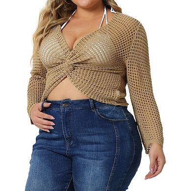 Plus Size Knitwear For Women V Neck Ruched Cross Front Hollow Out Long Sleeve Cover Up Top