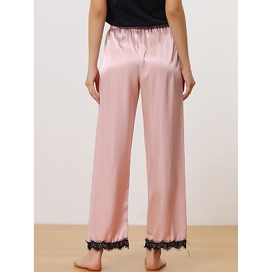 Women's Sleep Pants Satin Wide-leg Lace Trim Loungewear Pajama Elastic Long Pants