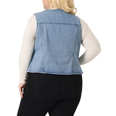 Plus Size Denim Jackets For Women V Neck Sleeveless Utility Jean Denim Vests