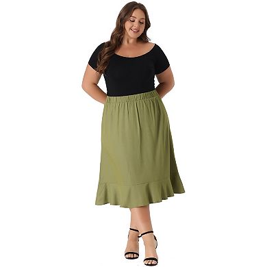 Plus Size Midi Skirt For women Elastic Waist Denim Tiered Pleated Hem Chambray Skirts