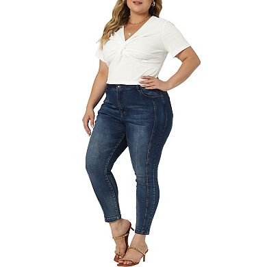Plus Size Blouse For Women Twist Front V Neck Ribbed Short Sleeve Casual Solid Tops