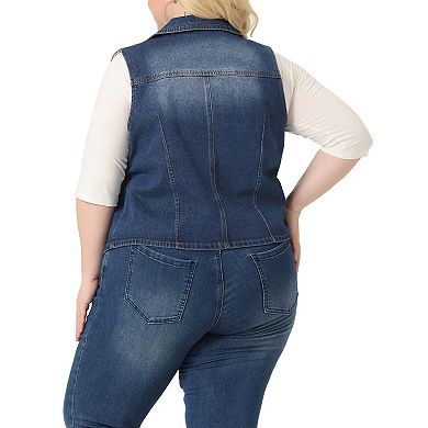 Plus Size Denim Vest For Women Sleeveless Lapel Button Down Classics Jean Waistcoat Jackets Vests