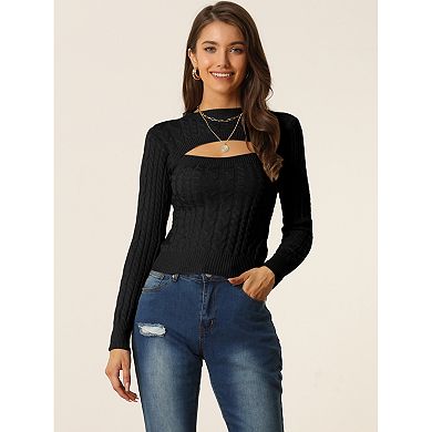 Womens' Fall Winter Cut Out Front Cable Knit Long Sleeve Crop Sweater