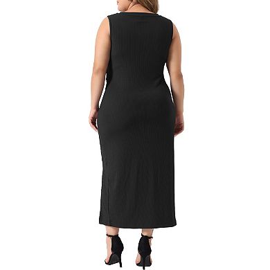 Plus Size Bodycon Dress For Women Elegant Knit Slit Tank Midi Ruched Sleeveless Summer Dresses