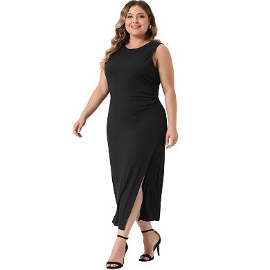 Plus Size Bodycon Dress For Women Elegant Knit Slit Tank Midi Ruched Sleeveless Summer Dresses