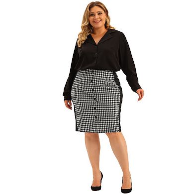 Plus Size Pencil Skirt For Women Work Houndstooth Pattern Slim Knee Skirts