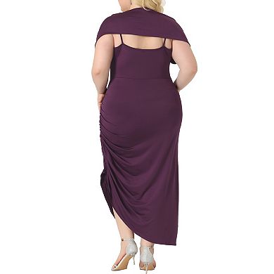 Plus Size Bodycon Dress For Women Spaghetti Strap Cowl Neck Ruched Party Cami Dresses With Shawl