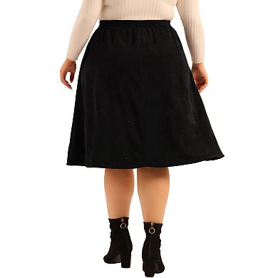 Women Plus Size Elastic High Waist Button Front A Line Midi Corduroy Skirt With Pocket