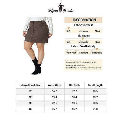 Plus Size A-line Skirt For Women Faux Suede Button Front Half Placket Pockets High Waist Mini Skirts