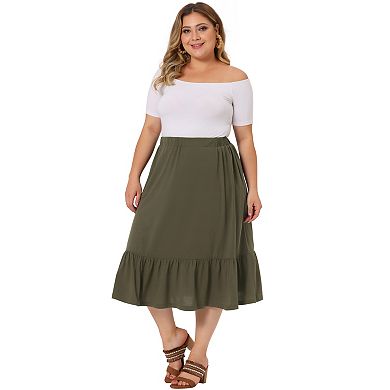 Plus Size Half Ruffle Skirts For Women Elastic Waist Swing Casual Midi Vintage Underskirt