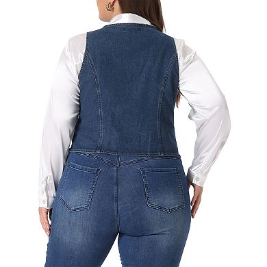 Plus Size Denim Vest For Women Sleeveless V Neck Button Down Jean Waistcoat Jacket