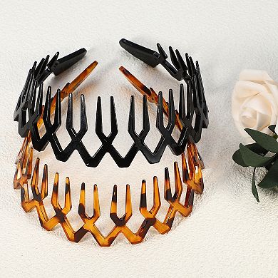 2 Pcs Plastic Shark Teeth Wave Headbands For Women Black Amber 4.72"x1.57"