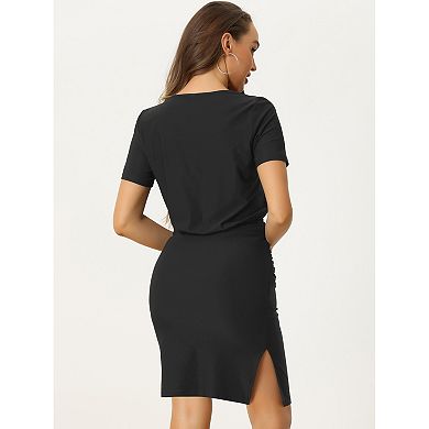 Women's Elegant Bodycon Dress Short Sleeve Ruched Split Round Neck Stretchy Work Office Mini Dress