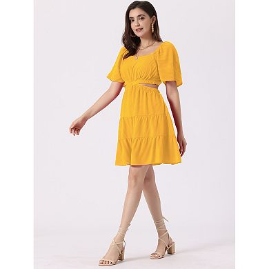 Crossover Cutout Dress For Women Short Sleeve Square Neck Tiered Dresses