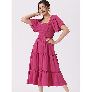Boho Midi Dress For Women Square Neck Flutter Short Sleeve Tiered Flowy Smocked Dress