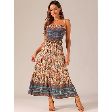 Boho Floral Dresses For Women Summer Spaghetti Strap A-line Flowy Smocked Maxi Dress