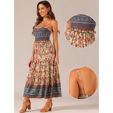 Boho Floral Dresses For Women Summer Spaghetti Strap A-line Flowy Smocked Maxi Dress