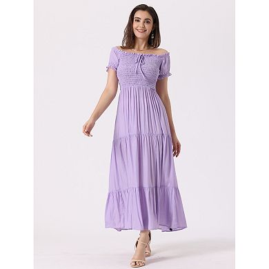 Smocked Tiered Dress For Women Off Shoulder Puff Sleeves Ruffle Midi Dresses