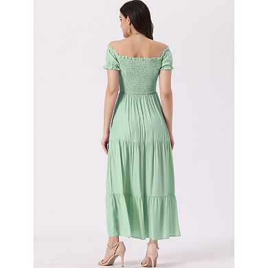 Smocked Tiered Dress For Women Off Shoulder Puff Sleeves Ruffle Midi Dresses