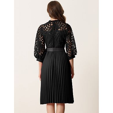 Women's Floral Lace Dress 3/4 Sleeves Belted Panel A-line Pleated Dresses
