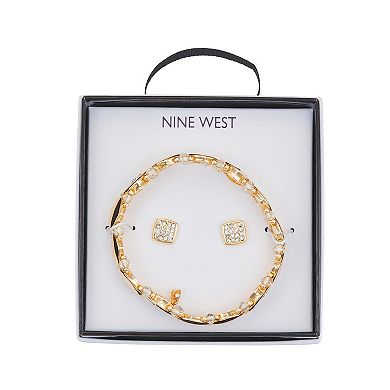 Nine West Gold Tone Crystal Navette Bracelet & Stud Earring Set