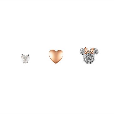Disney's Minnie Mouse Two Tone Cubic Zirconia Heart Stud Earring Trio Set