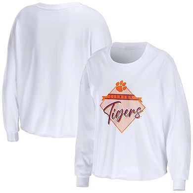 Women's WEAR by Erin Andrews White Clemson Tigers Diamond Long Sleeve Cropped T-Shirt