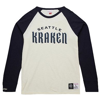 Men's Mitchell & Ness Cream Seattle Kraken Legendary Slub Vintage Raglan Long Sleeve T-Shirt