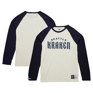 Men's Mitchell & Ness Cream Seattle Kraken Legendary Slub Vintage Raglan Long Sleeve T-Shirt