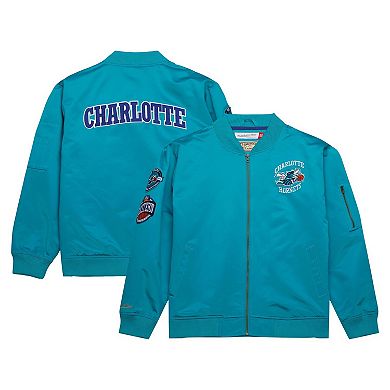 Men's Mitchell & Ness Teal Charlotte Hornets Hardwood Classics Vintage Logo Full-Zip Bomber Jacket