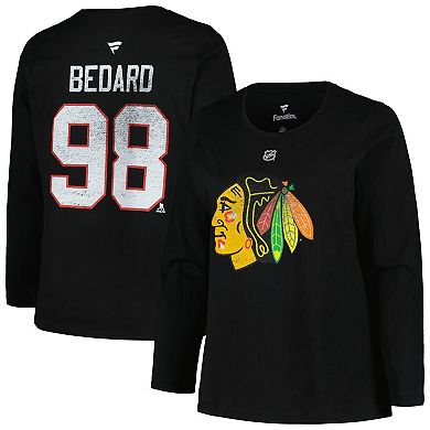 Women's Profile Connor Bedard Black Chicago Blackhawks Plus Size Name & Number Long Sleeve T-Shirt