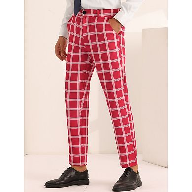 Plaid Pattern Pants For Men's Slim Fit Flat Front Work Office Checked Trousers