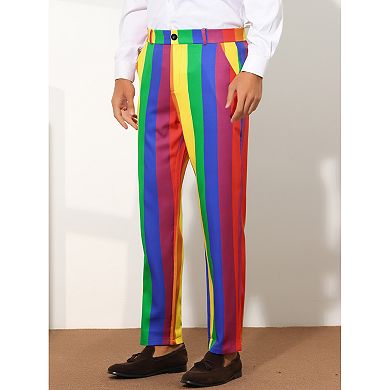 Rainbow Pants For Men's Regular Fit Flat Front Color Block Stripe Dress Trousers
