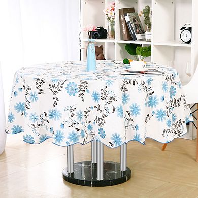 Vinyl Tablecloth Round Tables 71" Dia Blue Flower Pattern White Water