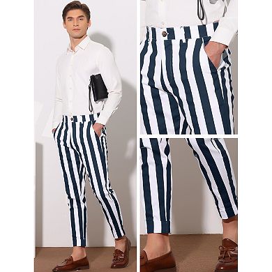 Striped Business Pants For Men's Slim Fit Flat Front Tapered Office Cropped Pants