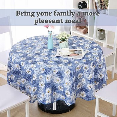 Vinyl House Tablecloth Round Tables 60" Dia Blue Flower Pattern Waterproof